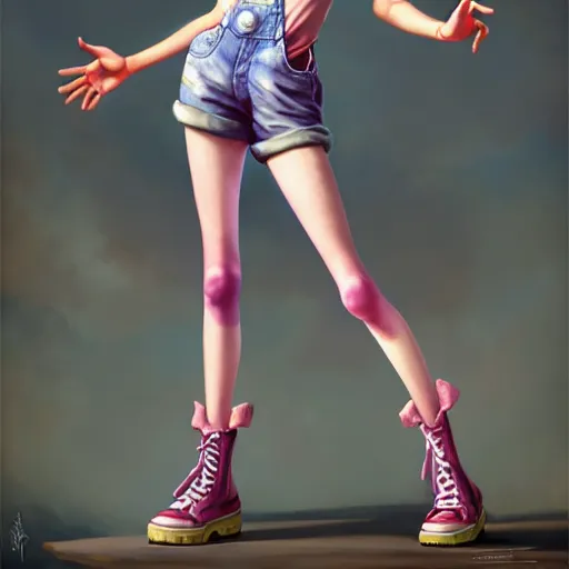 Image similar to full body pose, pixar, beautiful androgynous girl, pink pixie cut hair, torn overalls, short shorts, combat boots, fishnets, beautiful, highly detailed face, true anatomy!, extremely detailed!, digital painting, unreal engine 5, art by tom bagshaw