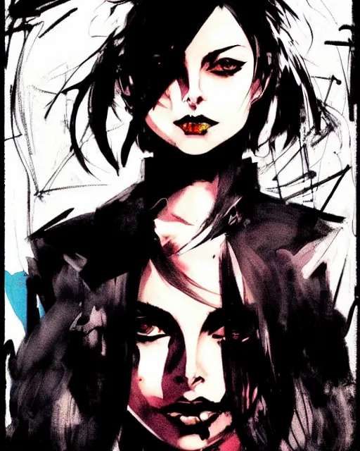 Image similar to style of yoji shinkawa, rafael albuquerque, loish : : gorgeous willa holland : : evil witch, swirling black magic : : symmetrical face, symmetrical eyes : : gorgeous black hair : : magic lighting, low spacial lighting : :