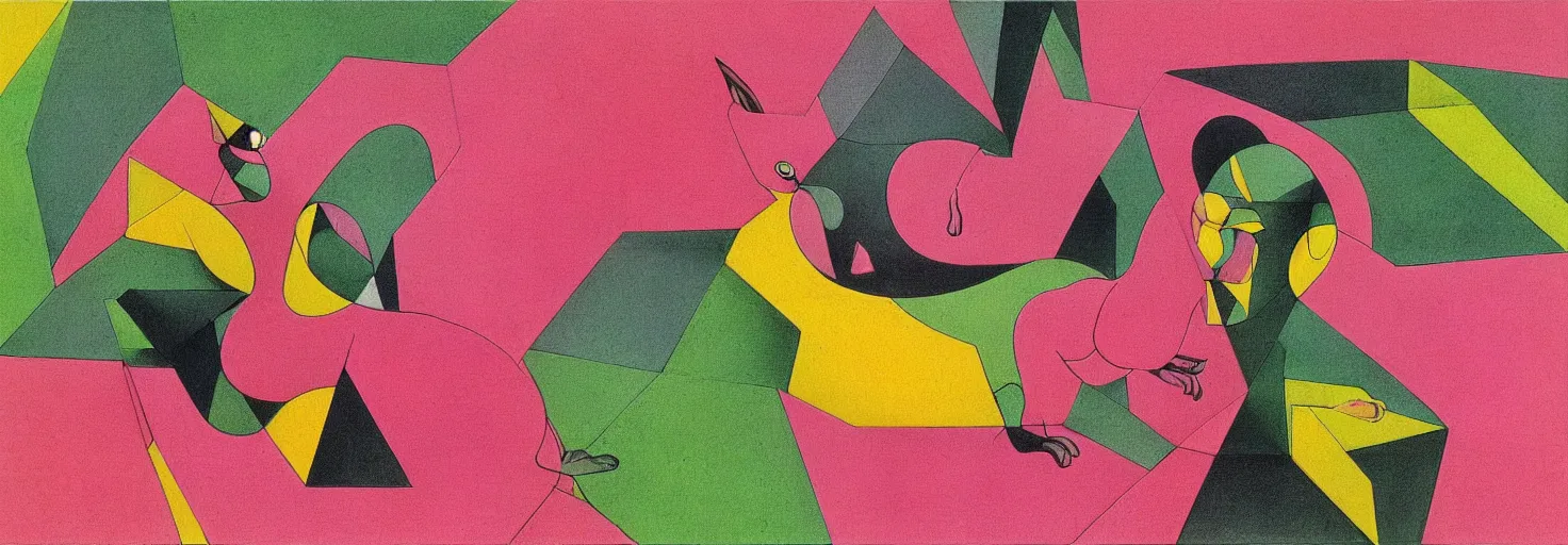 Image similar to rabbit shape pink rock, by m. c. escher, yellow, green, red, snowy, ultra sharp, ultra detailed, cyberpunk, happy, uplifting, colorized by salvador dali