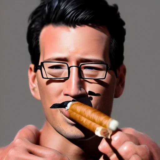 Image similar to a closeup photo of handsome gigachad markiplier smoking a cigar, 8k photorealism, extremly detailed, trending on artstation