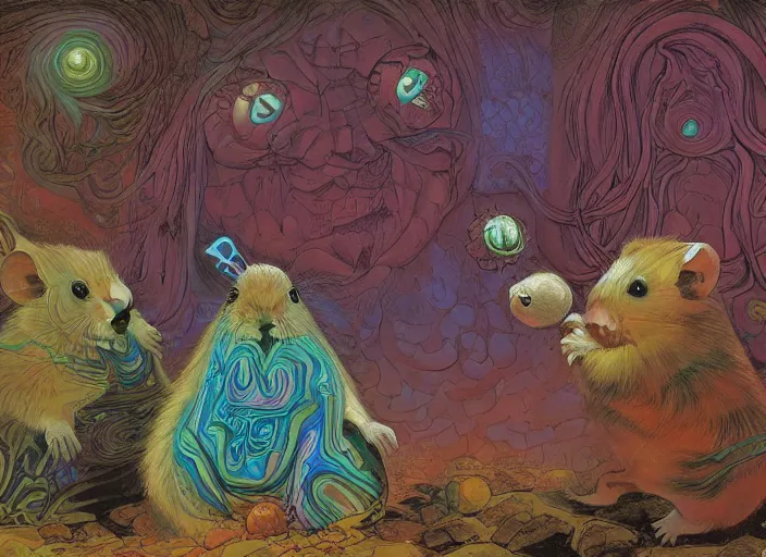 Image similar to psychedelic art of hamsters meeting god, in the style of michael whelan and james gurney and wayne barlowe