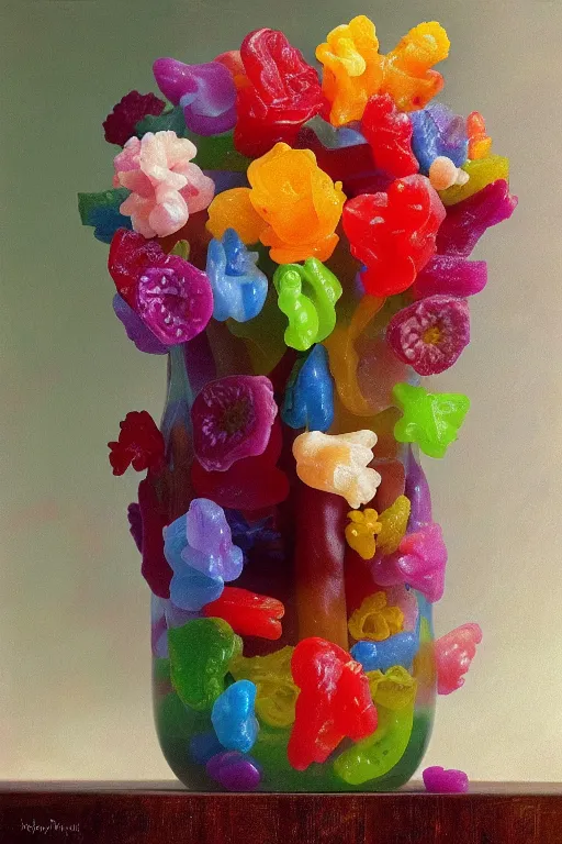 Image similar to painting of gummy flowers in a vase on a table, a surrealist painting by rachel ruysch, trending on deviantart, pop surrealism, surrealist, biomorphic, made of gummy bears flowers and jelly beans flowers, translucent gummy glowing texture