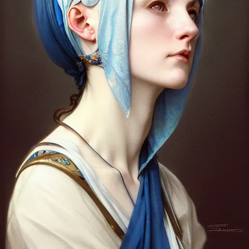 Prompt: Portrait of a female cleric wearing a kerchief covering her ears. She has blue eyes, black hair, porcelain skin, full lips, high slanted cheekbones. Fantasy art by artgerm and greg rutkowski and alphonse mucha, intricate, elegant, highly detailed, digital painting, concept art, illustration, award winning on artstation, D&D, AD&D.