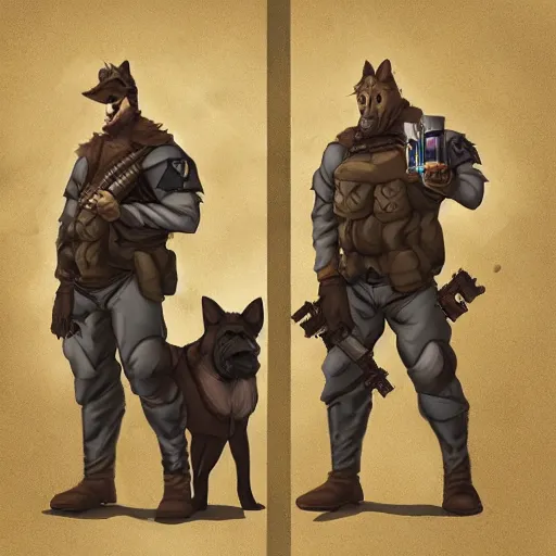 Image similar to two humanoid german shepherds beast - men in military style, they holding a beer, artstation, concept art, smooth, sharp foccus ilustration, artstation