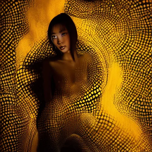 Prompt: asian girl, liquid golden and black fluid, magic hour, dramatic light, liquid voronoi pattern, golden bodypaint, world best photography