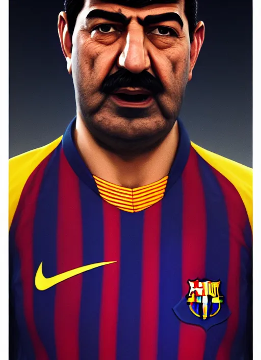 Image similar to portrait of sadam hussain, head and torso, fc barcelona jersey number 1 0, dark blue, maroon red, unreal engine 5, trending on artstation, master piece, octane render, art by artgerm and greg rutkowski and alphonse mucha