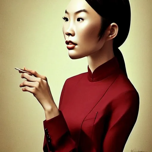 Prompt: beautiful portrait of an enthusiastic, dainty, slim, delighted vietnamese, ( waitress ) girl, stunning, intelligent, fashionable, vivid!!, sharp, crisp, ultra ambient occlusion, reflective, universal shadowing, fantasy art, extremely even lighting, art by wlop, vladimir kush!!, ilya, kevin hong!!, yasar vurdem