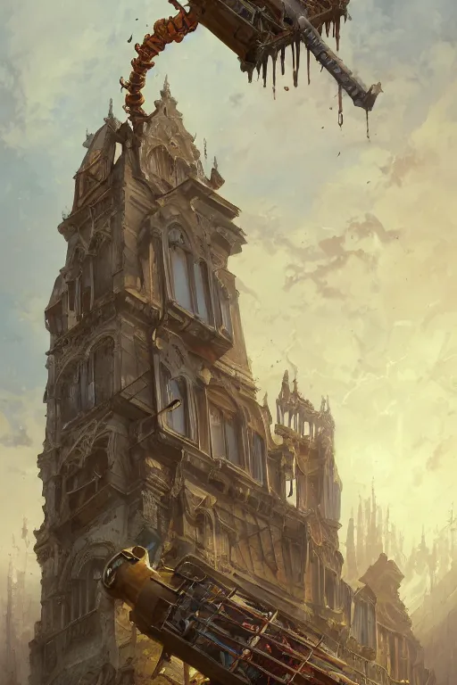 Image similar to illustration a low angle view of a tall ornate pipe organ falling to ruin, by peter mohrbacher, by alex andreev, by jacek yerka, by alan lee, by vincent di fate, large depth of field, super detailed, digital art, trending on artstation