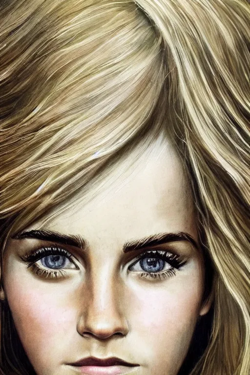 Prompt: An extremely beautiful detailed close up portrait of a blonde haired Emma Watson, green eyes, long hear, round face, artstation, oil painting, award winning