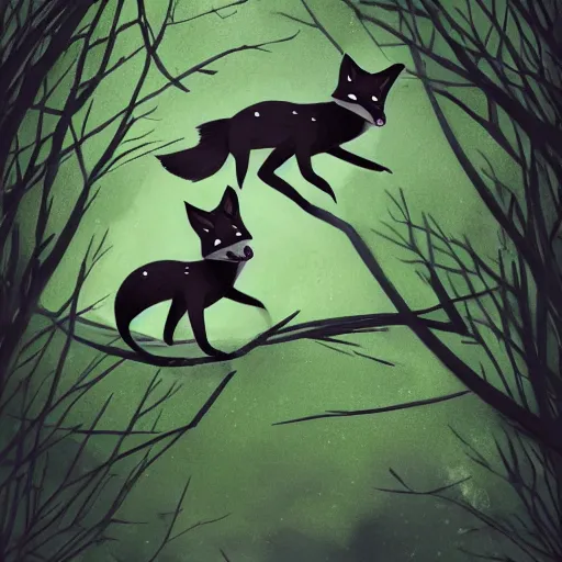 Prompt: three black foxes sitting on a high branch in a tree looking down, dense green forest, night time, pitch black sky, stars, extreme low angle shot, detailed illustration, hd, overdetailed art, photorealistic, by Aaron Blaise, trending on ArtStation, concept art, cgsociety, octane render, trending on artstation, artstationHD, artstationHQ, unreal engine, 8k