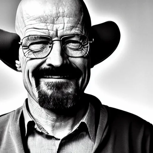 Prompt: Walter White grinning in front of a camera