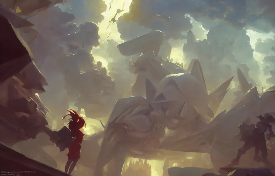 Image similar to greg manchess concept art of a the origami dimension, key visual, ambient lighting, highly detailed, digital painting, artstation, concept art, sharp focus, by makoto shinkai and akihiko yoshida and hidari and wlop and greg rutkowski