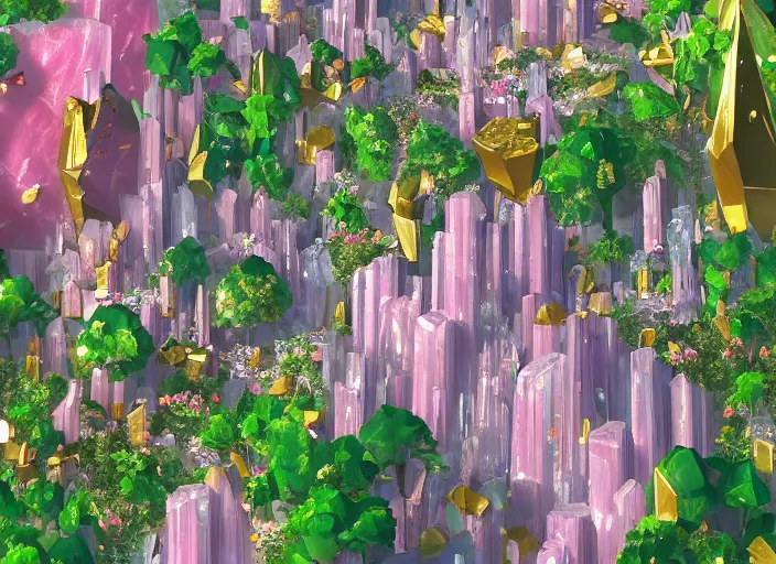 Image similar to shimmering crystal city made of diamond and rose quartz with gold decoration, sparkling in the sunlight, surrounded by lush flowers and green leaves. trending on artstation.