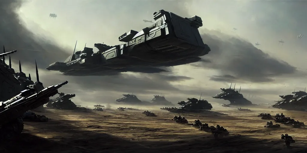 Image similar to hyper realistic sci - fi matte concept art painting of epic cinematic battle depicting soldiers deploying onto a battlefield from a drop ship, guns, missiles, explosions, beautiful details, strong composition painted by kim jung guweta studio rutkowski, james gurney and greg rutkowski, and lucasfilm, smooth, intricate, detailed, sharp focus, cinematic