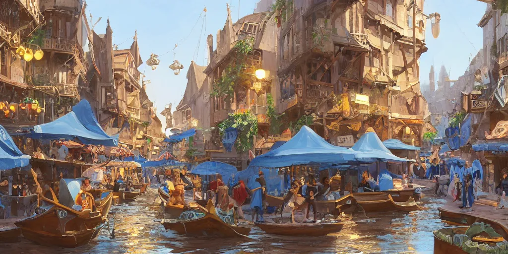 Prompt: a busy fantasy street day market from within a fascinating old city, water streets with gold and blue accented boats by sylvain sarrailh, by sebastian luca, by nicodemus yang - mattisson, cinematic, simple but effective composition, clean lines, beautiful digital painting, oil painting, dungeons and dragons, lord of the rings