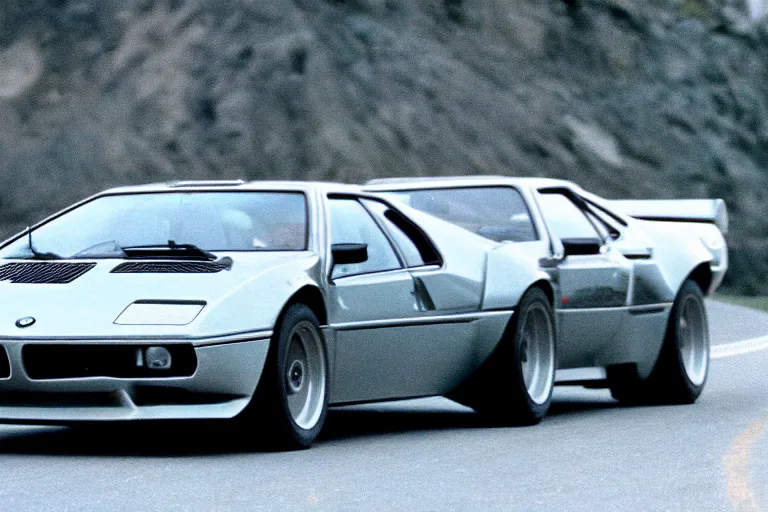 Prompt: BMW M1 Lamborghini LP400, movie still, speed, cinematic Eastman 5384 film