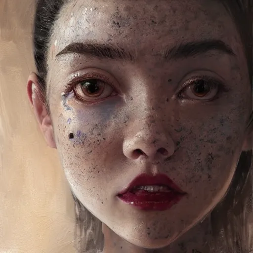 Image similar to expressive oil painting, alien gray - skinned woman based on jennifer connelly mixed with anya taylor - joy, rage, bumpy mottled skin, big black feathered wings instead of arms, body horror, by yoshitaka amano, by greg rutkowski, by jeremy lipkinng, by artgerm, digital art, octane render