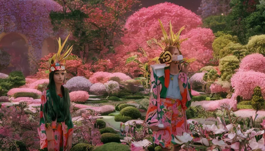 Image similar to , movie still by wes anderson of a beautiful girl wearing gucci exploring a magical japanese garden of flowers, glowing temple in the distance, floating magical deity heads with gucci headdresses, miniature cities, cinestill 8 0 0 t eastmancolor technicolor, high quality, very detailed, heavy grain, fine facial features, 8 k, octane render