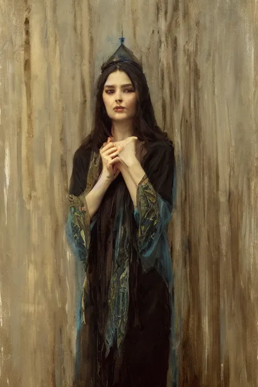 Image similar to Richard Schmid and Jeremy Lipking and Antonio Rotta full length portrait painting of a young beautiful priestess woman