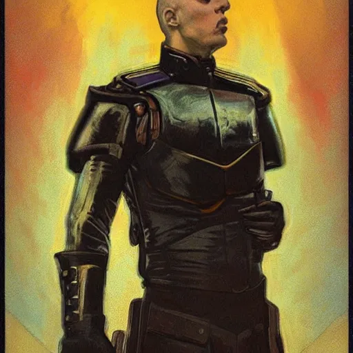 Image similar to portrait of rubbery, gaunt albino mutant with moist skin, sharp features, large lips, huge black eyes and determined expression, wearing fascist Byzantine police uniform and standing on cyberpunk docks, Dune concept art by Anato Finnstark, Alphonse Mucha, and Greg Rutkowski