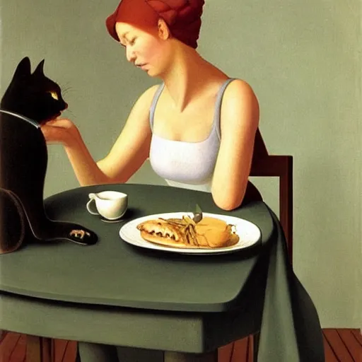 Image similar to a boring woman and her cat sharing a meal by Raphael, Hopper, and Rene Magritte. detailed, romantic, enchanting, trending on artstation.