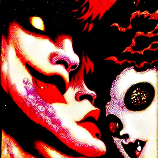 Image similar to closeup of vampire kiss, by yoichi hatakenaka, masamune shirow, josan gonzales and dan mumford, ayami kojima, takato yamamoto, karol bak