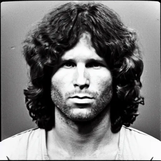 Image similar to Mugshot Portrait of Jim Morrison, taken in the 1970s, photo taken on a 1970s polaroid camera, grainy, real life, hyperrealistic, ultra realistic, realistic, highly detailed, epic, HD quality, 8k resolution, body and headshot, film still, front facing, front view, headshot and bodyshot, detailed face, very detailed face