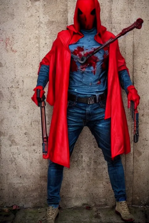 Image similar to red hood cosplay, creepy, disturbing, bloody, darkness, grainy, urban, jeans