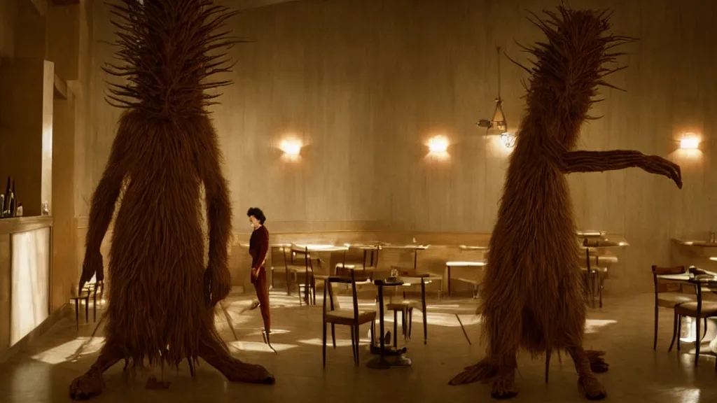 Prompt: the tall strange creature in the restaurant, film still from the movie directed by Denis Villeneuve with art direction by Salvador Dalí, wide lens