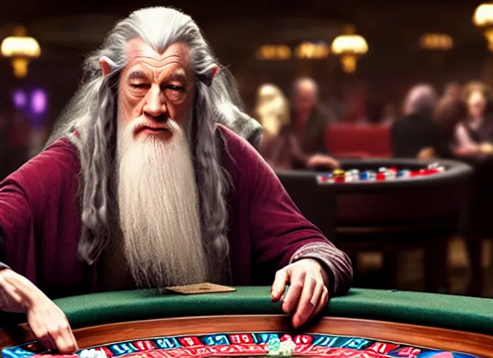 Image similar to film still of gandalf gambling in a casino in new lord of the rings movie, 8 k