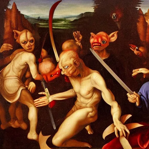 Image similar to Renaissance painting of goblin with red eyes raging rusty sword