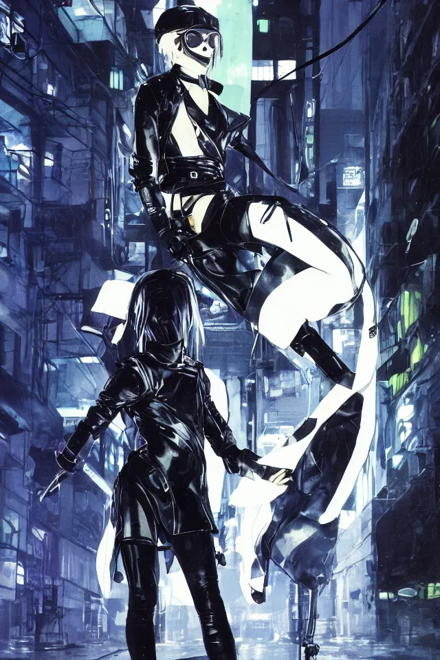 Prompt: androgynous ninja in rocker tunic made of latex, radio goggles, techwear, iridiscent fabric, cinematic lighting at night, iridiscent light, wet floors, neon, syd mead, yohji shinkawa masterpiece