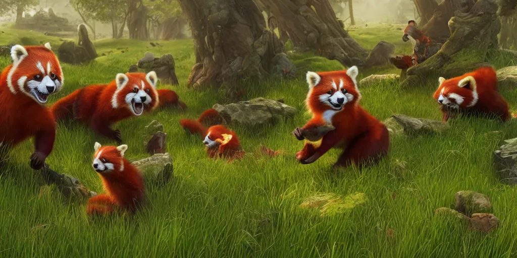 Prompt: a group of happy red pandas in the grass in front of fairy village, concept art by senior environment artist, cgsociety, artstation hq, playstation 5 screenshot