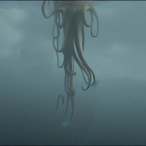 Image similar to a giant squid octopus chimea hanging from the clouds over a rain forest, still from the movie the arrival, 8k