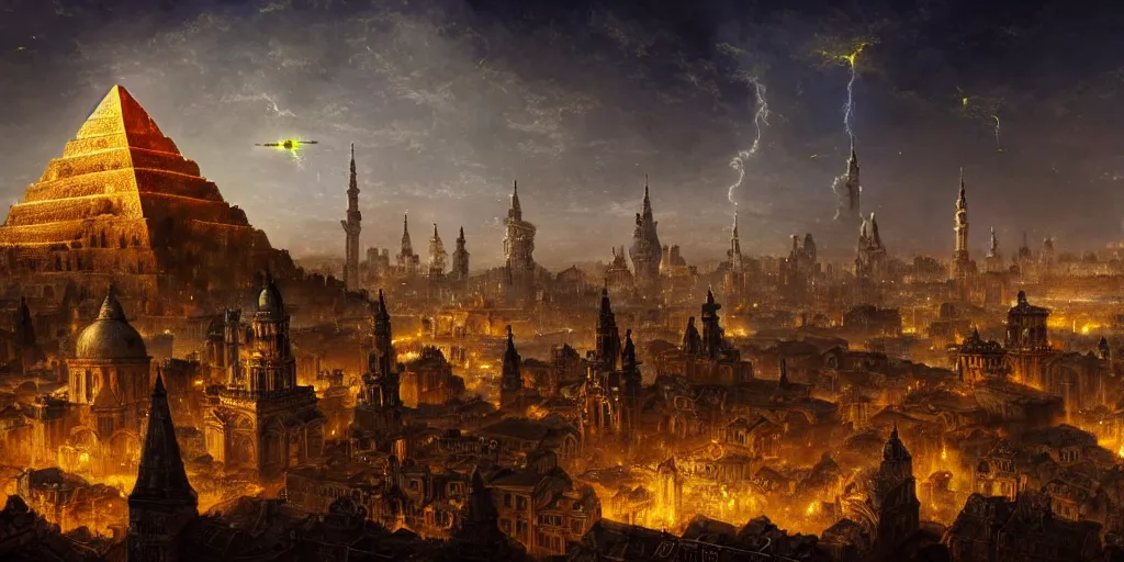 Image similar to magical city of the great tartarian empire adorned with amazing lost technology, lighting resembling fireflies, spires from rooftops collecting and distributing etheric energy, the centerpiece of the city is a colossal ancient pyramid made of metal, cityscape, combining intense detail & utmost quality, late 1 8 0 0 s photography christian hecker, artstation, - h 8 3 2