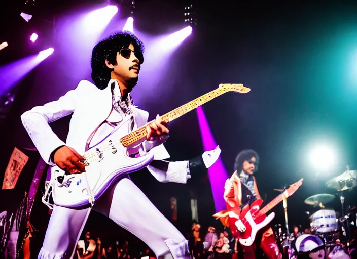 Image similar to photo still of prince from purple rain on stage at vans warped tour!!!!!!!! at age 3 3 years old 3 3 years of age!!!!!!!! serving pancakes to the crowd, 8 k, 8 5 mm f 1. 8, studio lighting, rim light, right side key light