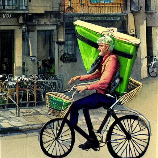 Image similar to a food delivery guy on his bicycle wearing a big green bag at the streets of Lisbon, art by Stephen Hickman