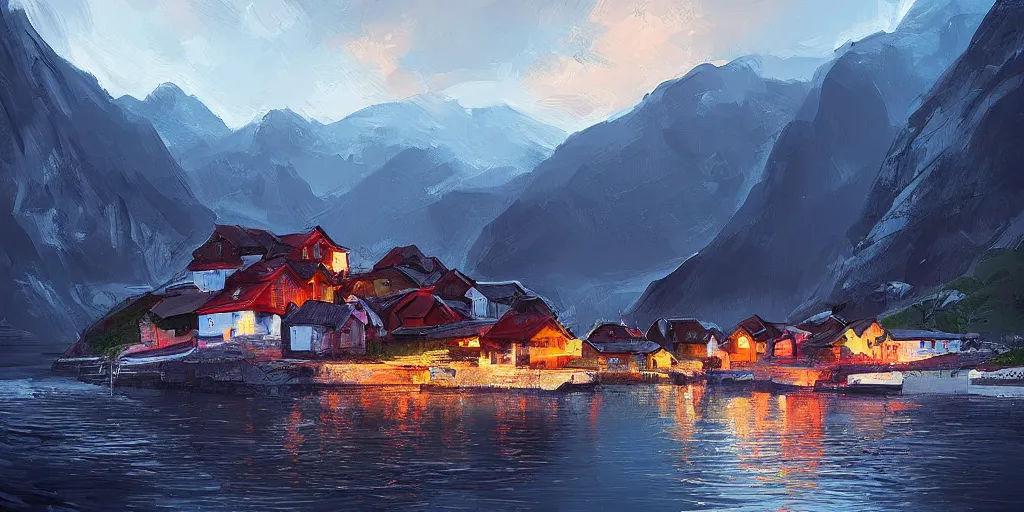 Prompt: a small fishing village nestled in the fjords of norway by alena aenami, petros afshar, noah bradley speedart