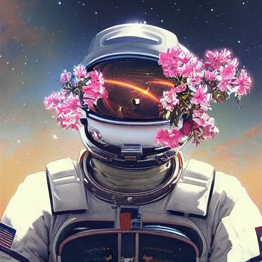 Image similar to a close up painting of an astronaut floating in space. his helmet visor is dark and reflective. you can see the reflection of flowers in his helmet visor. by artgerm and greg rutkowski and alphonse mucha