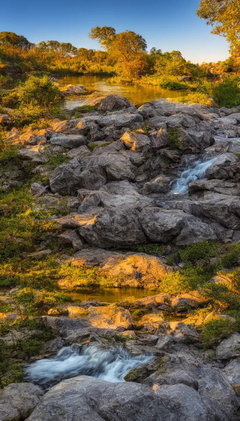 Prompt: Beautiful landscape photograph of small waterfall, lake in foreground, dusty rock in background, trees in background, golden hour photography, 4k, wallpaper