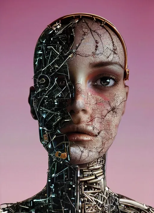 Prompt: close - up portrait of a beautiful young woman with a human face and cyborg body, art by tim walker