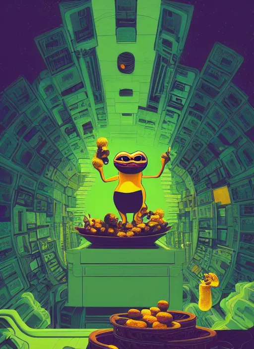 Prompt: pepe the frog relaxing with bananas, epic scene full of computers, by victo ngai, kilian eng vibrant colours, dynamic lighting, digital art, winning award masterpiece, fantastically beautiful, illustration, aesthetically inspired by beksinski and dan mumford, trending on artstation, art by greg rutkowski, 8 k