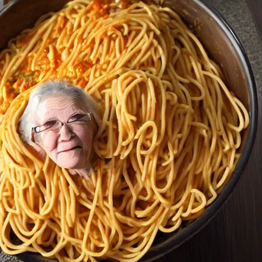 Prompt: grandma falling into a pit of spaghetti