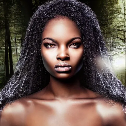 Prompt: glowing cloaked ebony maiden with stunning eyes and a beautiful supermodel face in a dark and creepy forest