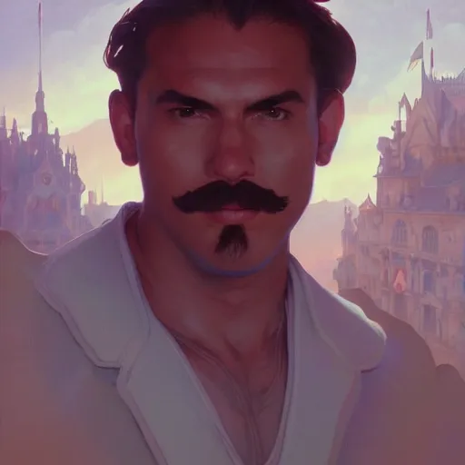 Prompt: wide shot of man super mario, highly detailed, digital painting, artstation, illustration, art by artgerm and greg rutkowski and alphonse mucha