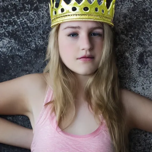 Prompt: photograph of teenage blonde girl with big chest wearing a princess crown and tank top