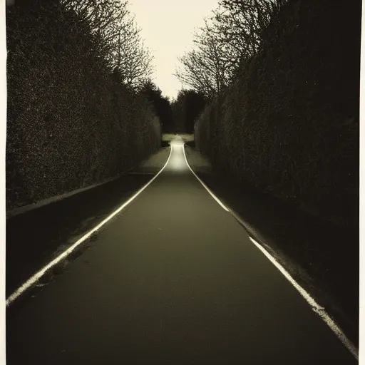 Image similar to Beautiful cameraphone 2000s, soft liminal Photograph of an estate road at night, hedge