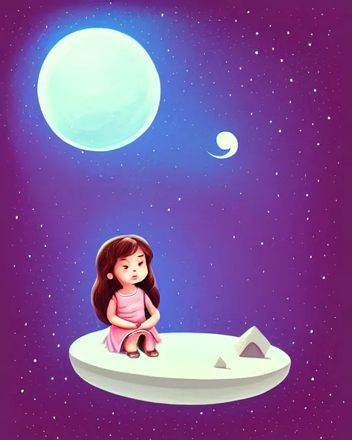 Image similar to beautiful painting of little girl sitting on her flying bed and looking at the moon, art by petros afshar, sky night, illustration, highly detailed, simple, smooth and clean vector curves, no jagged lines, vector art, smooth, artstation