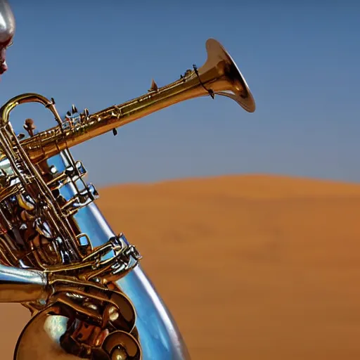Prompt: metal cyborg playing saxophone in the desert, 8 k, movie still