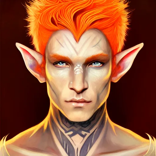 Prompt: portrait painting of an elven eladrin young man with short light orange hair and tribal tattoos in his cheekbones wearing fur armor, d & d, rpg, sharp focus, award - winning, trending on artstation, masterpiece, highly detailed, intricate. art by josan gonzales and moebius and deathburger